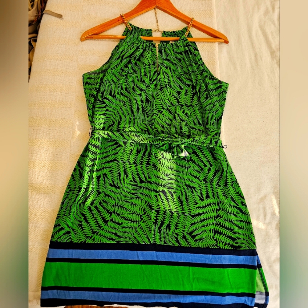 Medium Michael Kors Green dress with fern pattern and blue stripes at the